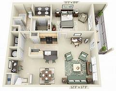 one bedroom, one bathroom floorplan rendering