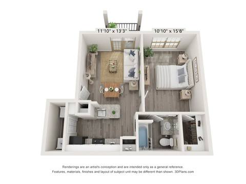 Floorplan 1 Bed 1 Bath layout