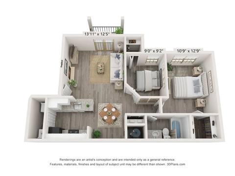 Floorplan 2 Bed, 1 Bath layout