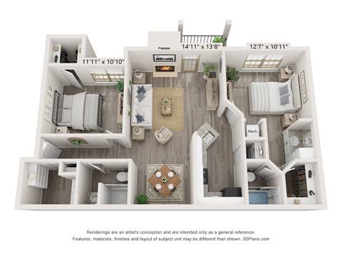 Floorplan 2 Bed, 2 Bath layout