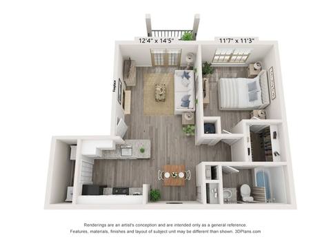 Floorplan 1 Bed, 1 Bath Deluxe layout