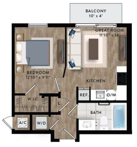 Floorplan Jr. 1 Bedroom 1B layout