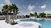A scenic pool area with palm trees, loungers, and a clubhouse under a bright sky.