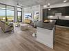 Modern living room and kitchen with large windows and a scenic view.
