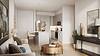 A modern, stylish living room and kitchen area featuring neutral tones and elegant decor.