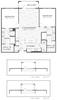 Architectural floor plan with two bedrooms, living/dining area, kitchen, and bathrooms.