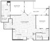 Floor plan of a two-bedroom apartment with a balcony and open living/dining area.