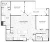 Floor plan of a modern apartment with three bedrooms, two bathrooms, a kitchen, and a living/dining area.