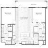 Blueprint of a two-bedroom apartment layout with living/dining area, kitchen, and two bathrooms.