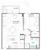 A floor plan showing a layout with a living/dining area, bedroom, kitchen, bath, and balcony.