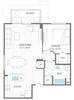 Floor plan of a one-bedroom apartment featuring living/dining room, kitchen, and balcony.