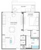A floor plan of a one-bedroom apartment with living area, kitchen, bathroom, and a balcony.