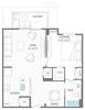 A floor plan of a small apartment with living, dining, kitchen, and bedroom areas.