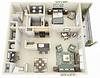 one bedroom, one bathroom floorplan rendering