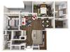 A 3D floor plan of a modern apartment with various rooms and furniture arrangements.