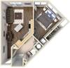A top-down view of a modern apartment layout featuring living, dining, kitchen, bedroom, and bathroom areas.