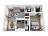 Stylish apartment layout featuring a living room, kitchen, dining area, and bedroom.