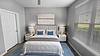 A cozy bedroom featuring a bed with light linens, bedside tables, and a window with blinds.