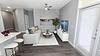 A modern living room with light gray walls, a cozy couch, and a stylish coffee table.