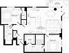B4 floor plan with two bedrooms and baths with walk-in closets, kitchen, living/dining room, and corner wraparound patio/balcony