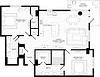 B5 floor plan with two bedrooms, baths with walk-in closets, and a kitchen and living/dining room with large angled windows