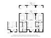 B1 floor plan featuring central kitchen and living/dining room, two bedrooms, two baths with walk-in closets, and patio/balcony