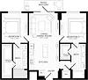 B1 floor plan featuring central kitchen and living/dining room, two bedrooms, two baths with walk-in closets, and patio/balcony
