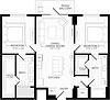 B2 floor plan with kitchen and living/dining room at a 45 degree angle from two surrounding bedrooms and bathrooms with walk-in closets and a large patio/balcony
