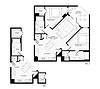 B3 floor plan with two bedrooms and baths with walk-in closets, kitchen, living/dining room, and corner wraparound patio/balcony