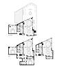 B6 floor plan with two bedrooms, baths with walk-in closets, and a kitchen and living/dining room with large angled windows