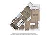 An apartment floor plan featuring a living room, kitchen, bedroom, and bathroom.