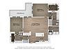 Floor plan of a living space with two bedrooms, bathrooms, and a kitchen.