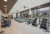 Modern gym interior with fitness equipment and natural lighting.