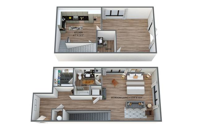 A 3D rendering of the Townhome ALT 1 floorplan